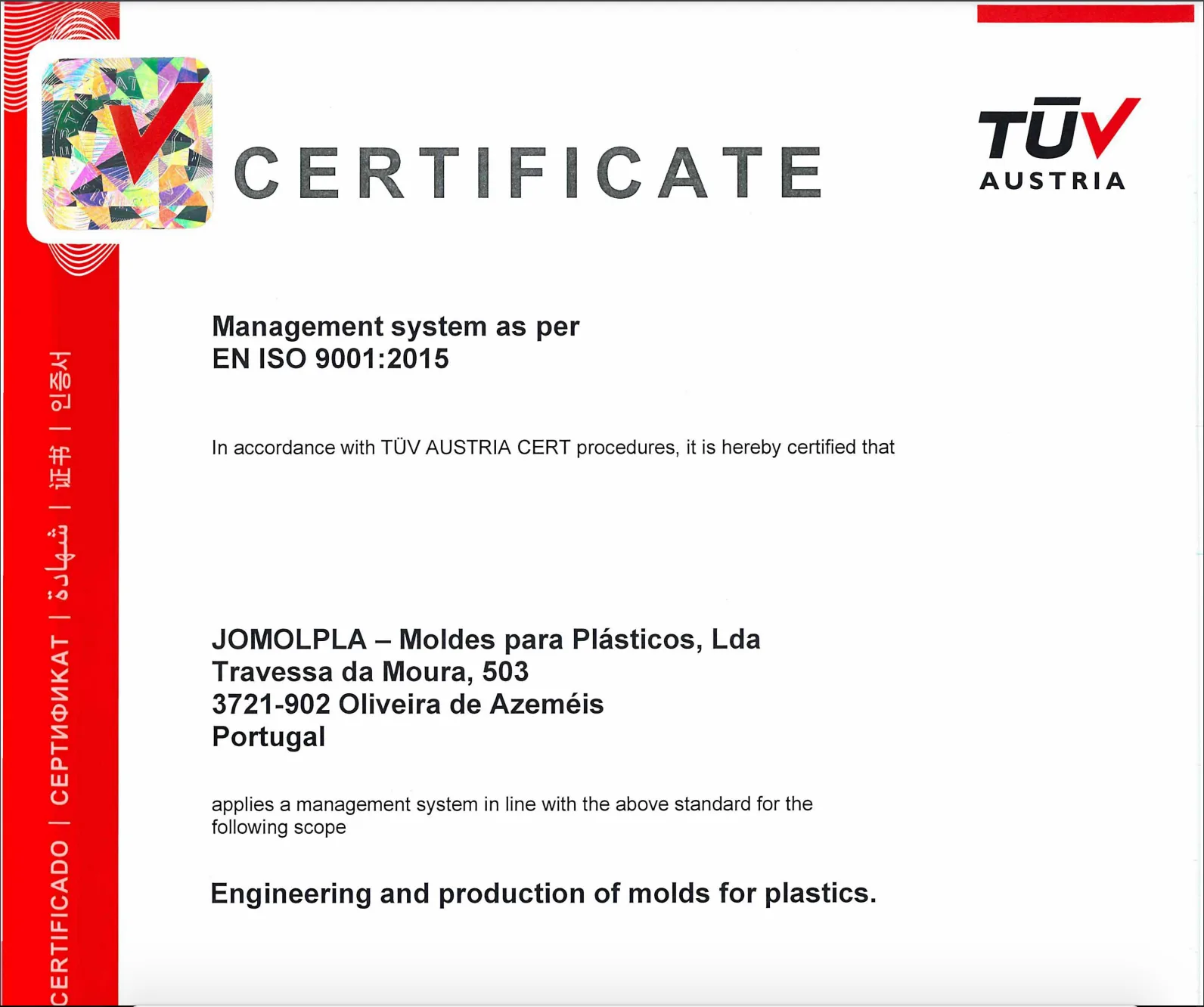 Certificado TÜV Austria do sistema de gestão da Jomolpla segundo a norma ISO 9001:2015
