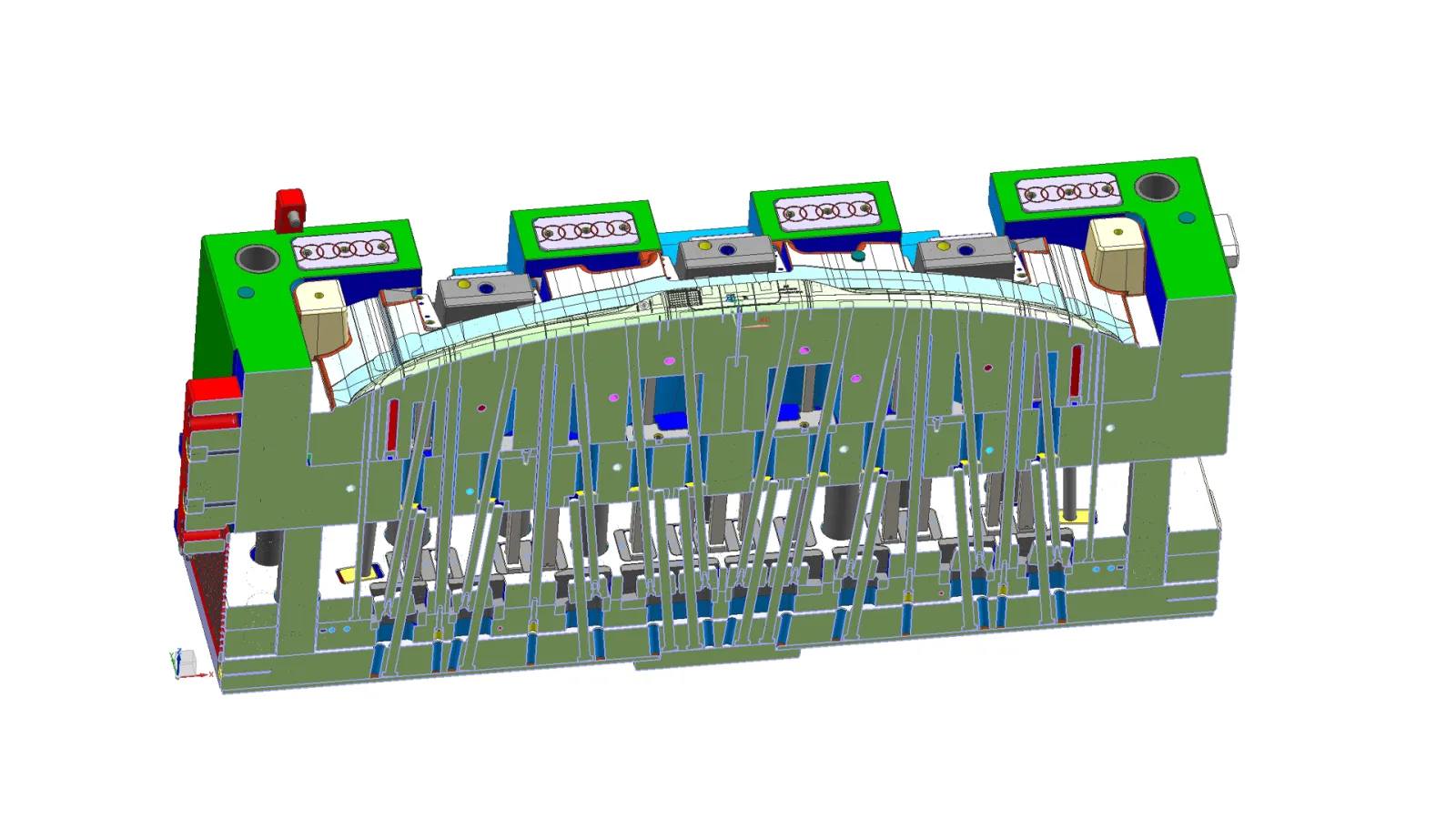Modelo 3D de um molde em CAD, com os sistemas de refrigeração e de extração